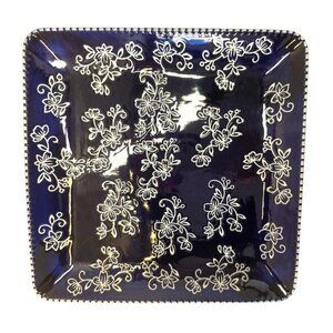 Temptations Floral Lace Cobalt Blue Square Serving Platter 10.5" Hand-Painted